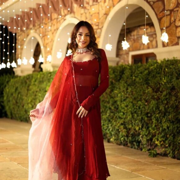 Maroon Blush Embroidered Georgette Suit Set, S-XL US Size Free Shipping - Picture 1 of 6